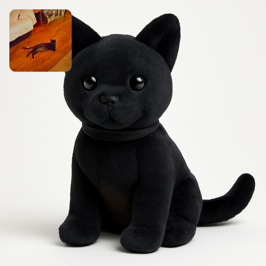 A cozy living room scene with a black cat lounging on the wooden floor, surrounded by sparkly light effects. The room features a zebra-patterned chair, a white couch, a small wooden table with a potted plant, and a warmly lit lamp with a patterned shade.