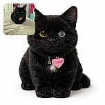 A charming black cat with heterochromia (one yellow eye and one blue eye) is cozily perched on a fluffy white blanket. The cat wears a pink heart-shaped tag that says 'Together Furever'. The background shows a colorful room with posters and string lights, adding a cozy vibe to the scene.