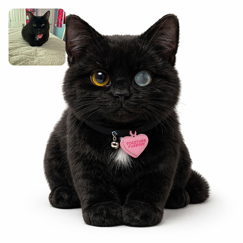 A charming black cat with heterochromia (one yellow eye and one blue eye) is cozily perched on a fluffy white blanket. The cat wears a pink heart-shaped tag that says 'Together Furever'. The background shows a colorful room with posters and string lights, adding a cozy vibe to the scene.