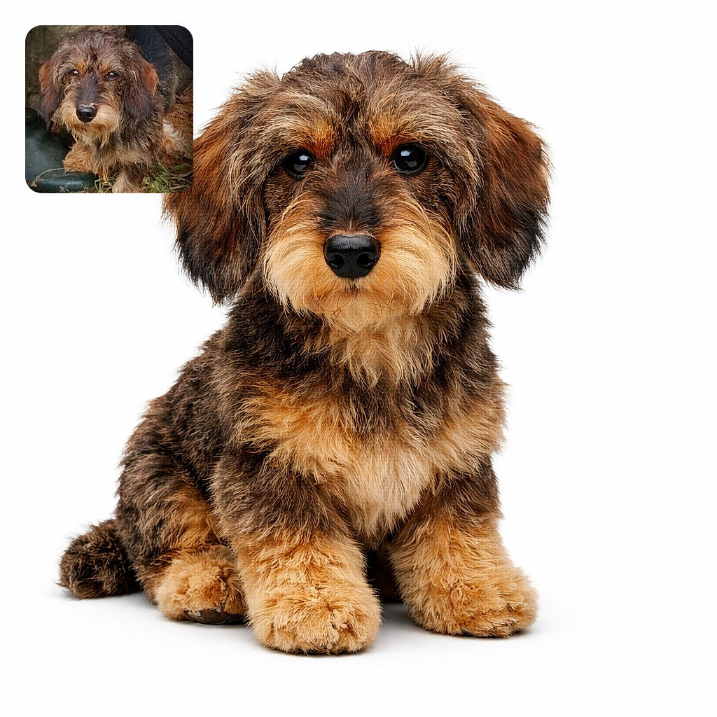A scruffy, adorable dog with soulful eyes is nestled on some grass and dirt, leaning against a dark boot. The dog's wiry fur and expressive face make it look like a tiny, rugged adventurer ready for a muddy quest.