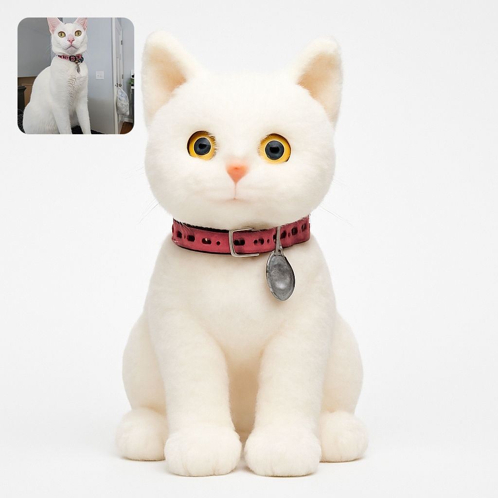 A pristine white cat with striking yellow-green eyes sits regally on a textured black surface, wearing a pink collar with a bell and tag. The background is a softly blurred indoor setting with neutral tones, highlighting the cat's elegant posture and curious gaze.