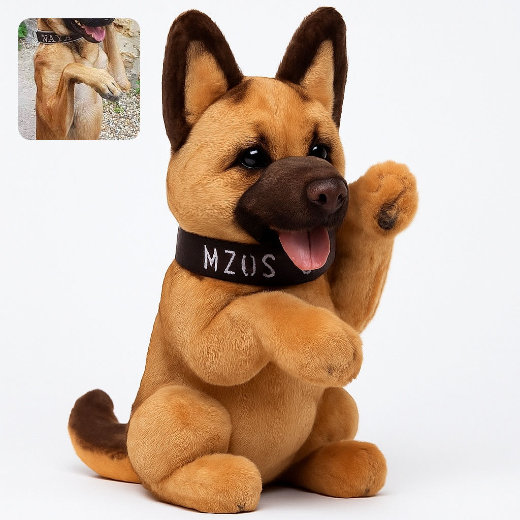 A lively German Shepherd dog named Naya strikes a playful pose on her hind legs with one paw raised, tongue out and eyes bright, against a rustic stone wall and gravel background.