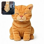 A chubby orange tabby cat sits majestically on a black ledge, squinting with a look of supreme contentment, while a cozy indoor setting with a person working in the background adds a homey vibe.