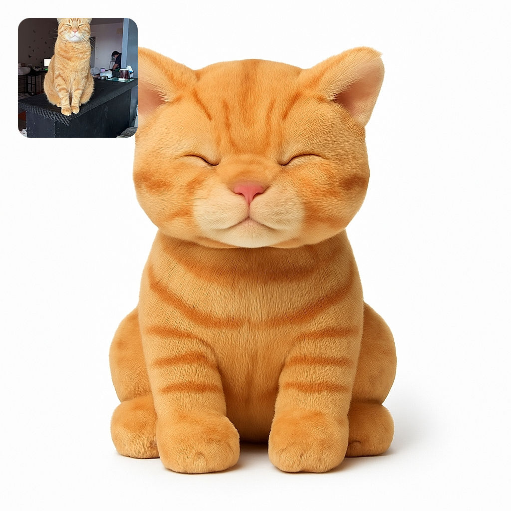 A chubby orange tabby cat sits majestically on a black ledge, squinting with a look of supreme contentment, while a cozy indoor setting with a person working in the background adds a homey vibe.