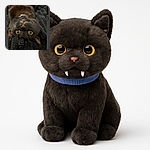 An upside-down black cat with striking yellow eyes and tiny fangs peeks out from a cozy, textured black blanket, giving a mischievous grin that could melt any heart.