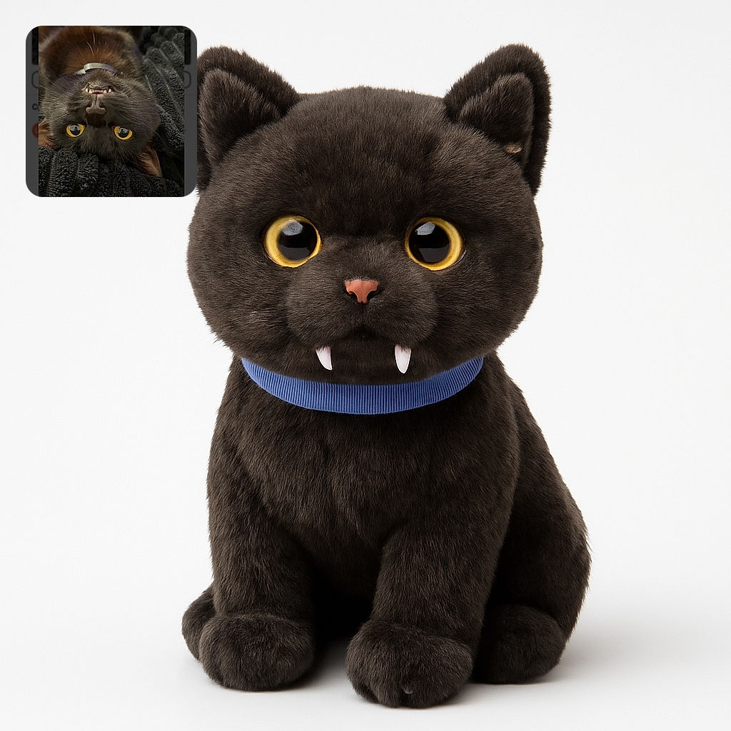 An upside-down black cat with striking yellow eyes and tiny fangs peeks out from a cozy, textured black blanket, giving a mischievous grin that could melt any heart.