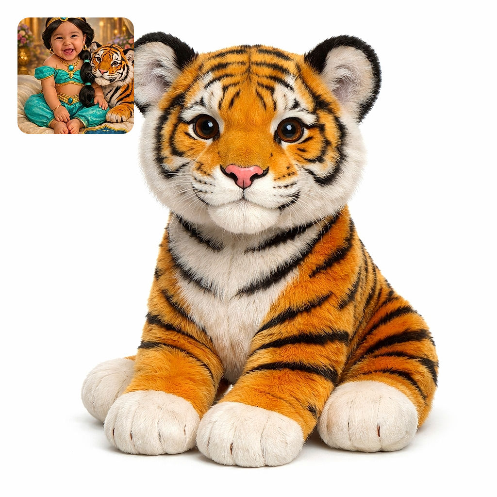 A delightfully adorable baby dressed as a princess sits happily next to a majestic tiger, both captured in a warm, golden-hued fantasy setting. The baby wears shimmering turquoise and gold attire with matching jewelry, while the tiger looks gently towards the camera, creating a magical and heartwarming scene. The photo features a decorative plaque reading '5 Months', adding a celebratory touch.