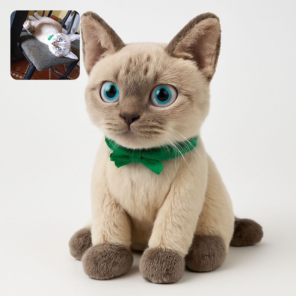 A fluffy cat with striking blue eyes lounges upside down on a textured gray chair, looking curiously at the camera with a green collar adding a pop of color, set against a cozy indoor background with tiled floor and furniture.