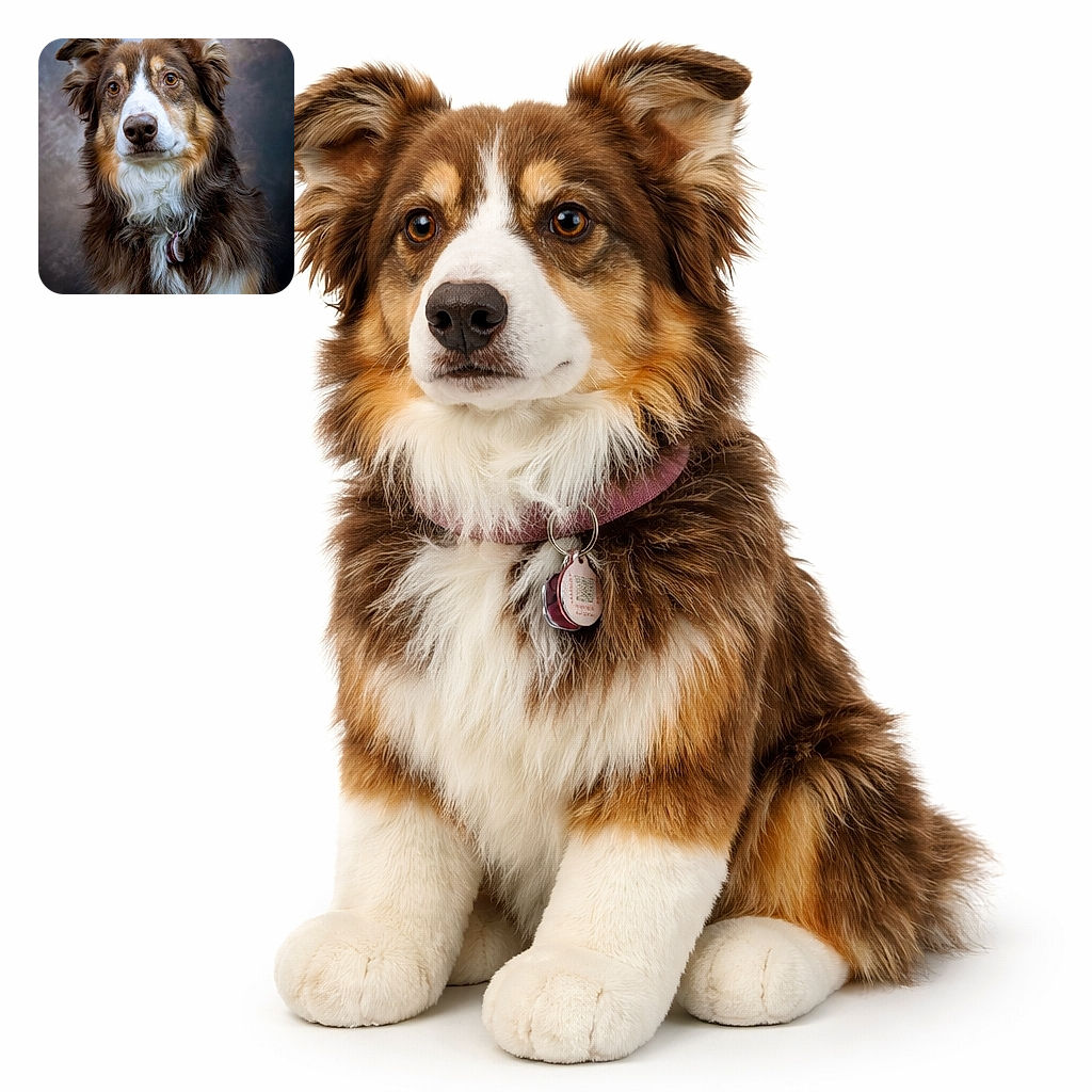 A dignified brown-and-white dog stares straight at the camera with soulful amber eyes and a slightly puzzled expression, as if it heard the word 'treat' but is awaiting a formal press conference. Lush, well-groomed fur, a dangling ID tag on a collar, and a soft studio backdrop complete this polished pet portrait.
