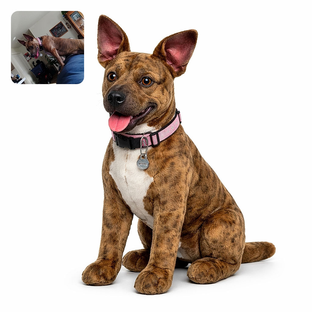 A happy brindle dog with a pink collar leans over someone wearing blue, tongue out and ears perked up, inside a cozy home filled with furniture, plants, and wall art. The photo is slightly tilted, adding a playful vibe to this candid moment.