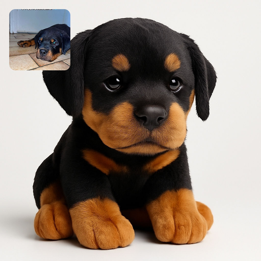 A cute Rottweiler puppy lies flat on a tiled floor looking adorably sleepy or bored, with a casual vibe enhanced by the text overlay labeling the breed in French and a diamond emoji.