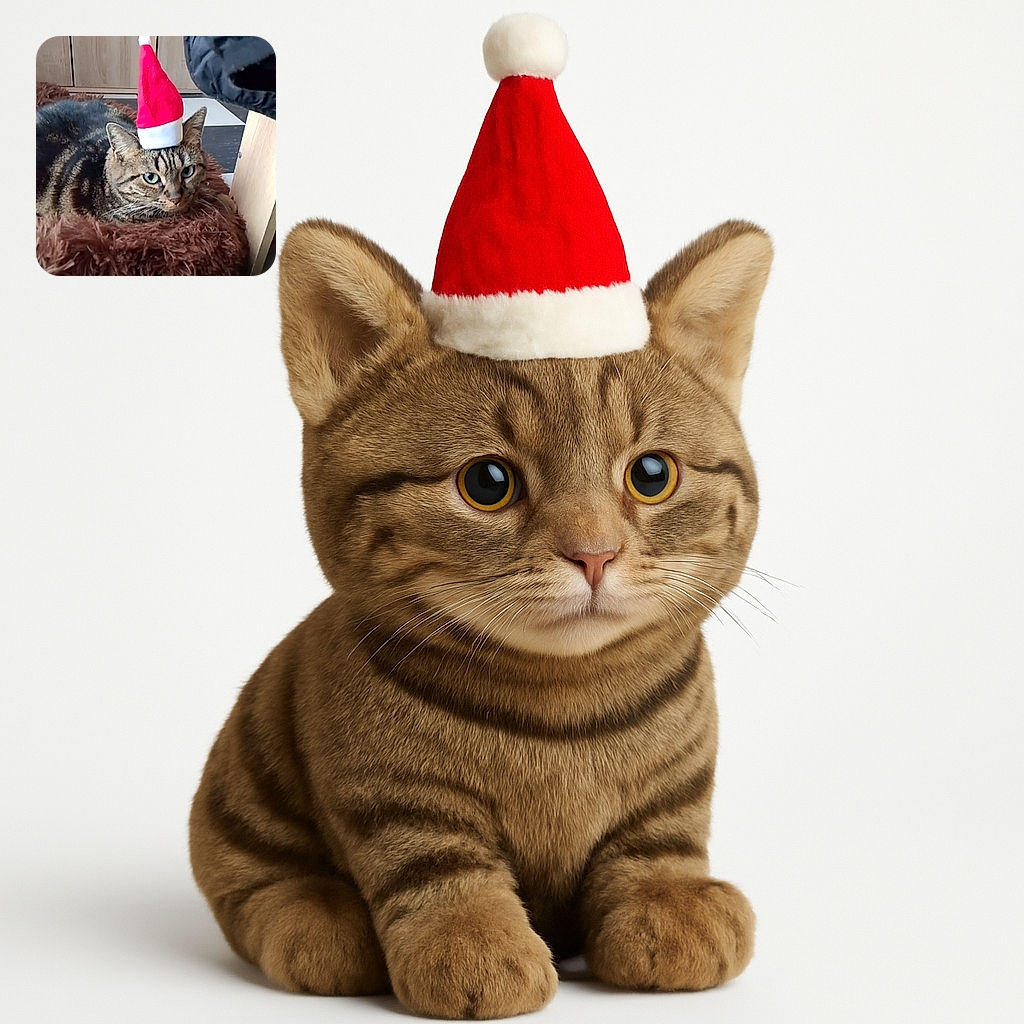 A tabby cat lounges on a fluffy brown cushion, sporting a tiny red and white Santa hat that looks slightly too festive for its serious expression.