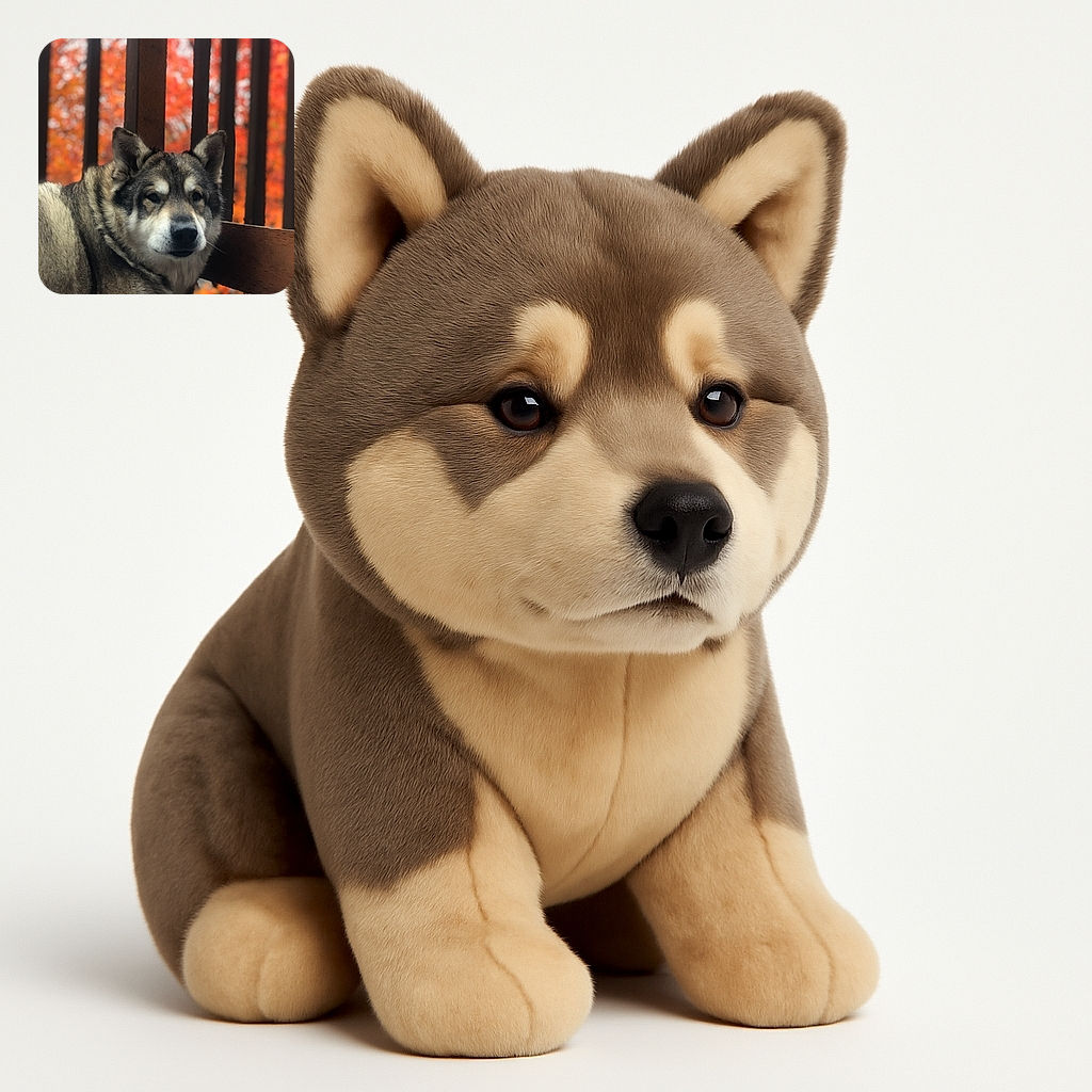 A majestic dog with thick fur poses calmly against a backdrop of vibrant autumn leaves seen through vertical wooden slats, creating a warm and cozy fall atmosphere.