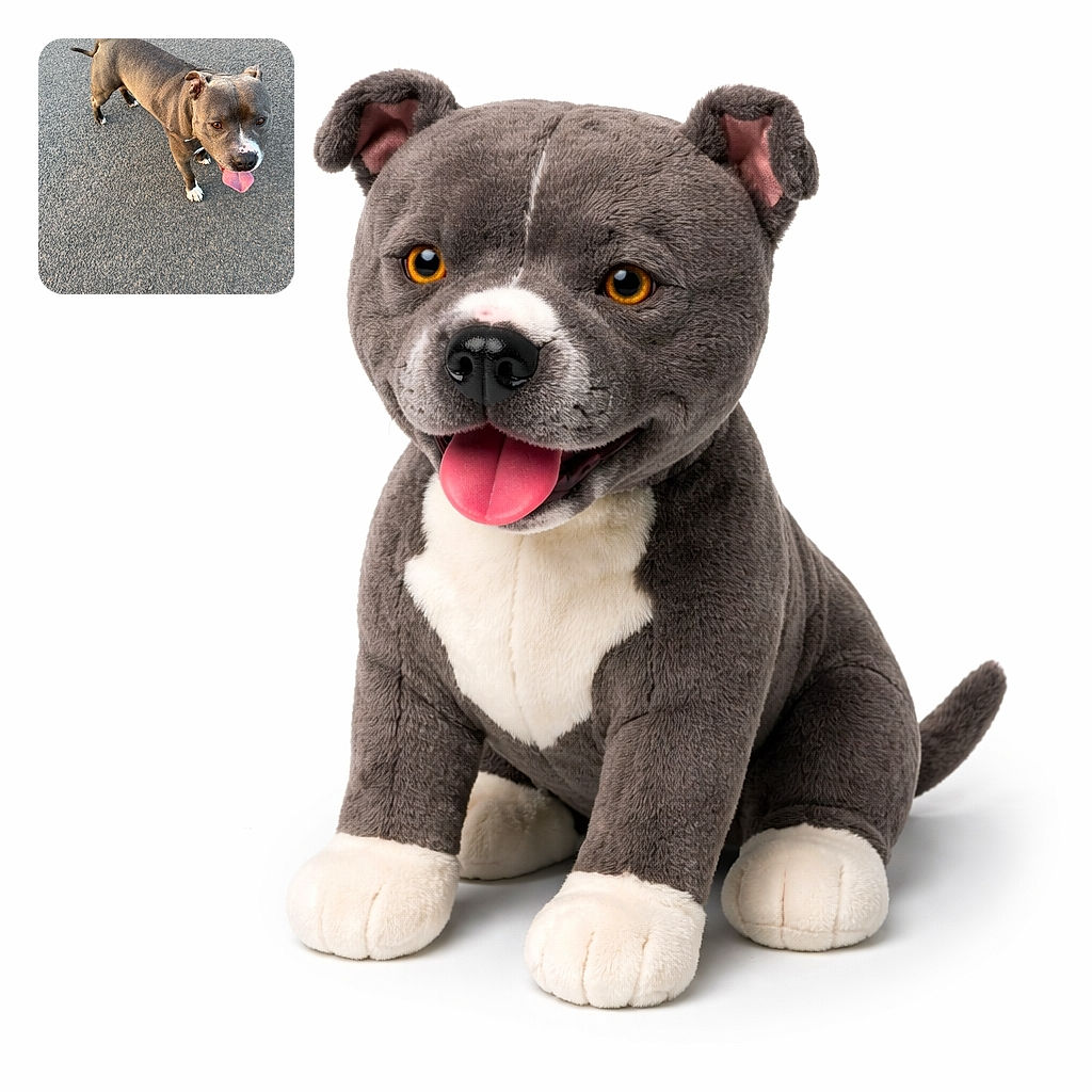 A happy, panting pit-bull-style dog stares up at the camera like it just told a great joke — tongue lolling, shiny nose with a cute white spot, and paws planted on sunlit asphalt as if posing for its close-up.