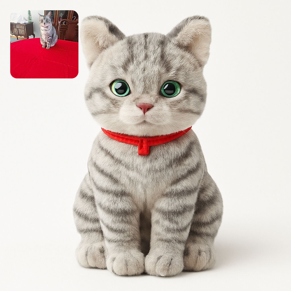 A dignified silver tabby cat with striking green eyes sits poised on a vibrant red tablecloth, surrounded by classic wooden furniture and a tiny decorative green Christmas tree, looking as if it owns the place.