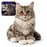 A fluffy gray tabby cat lounges comfortably on a purple patterned blanket, staring directly at the camera with wide curious eyes. In the background, other cats relax on the bed, surrounded by cozy bedroom furniture illuminated with soft blue and red ambient lighting.
