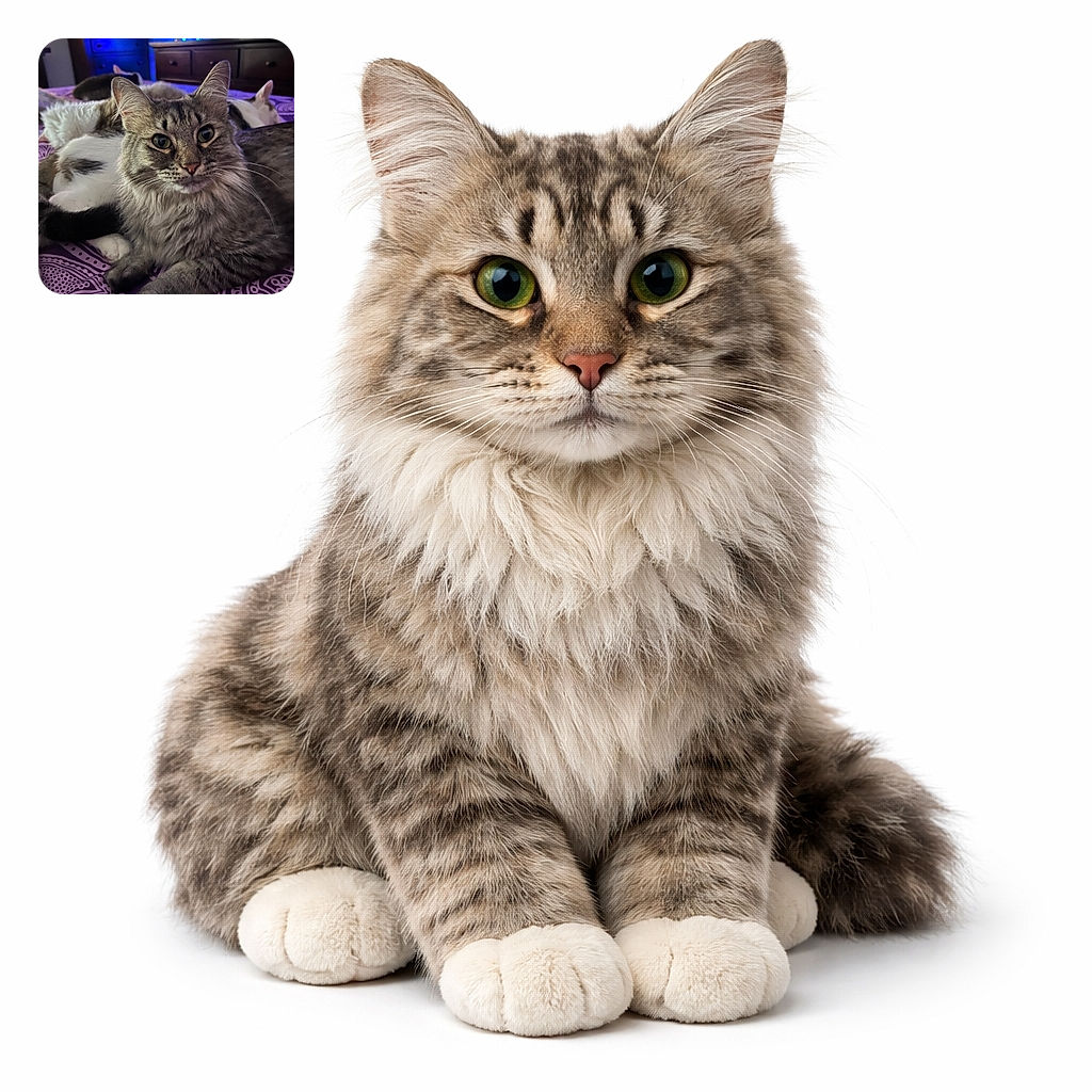 A fluffy gray tabby cat lounges comfortably on a purple patterned blanket, staring directly at the camera with wide curious eyes. In the background, other cats relax on the bed, surrounded by cozy bedroom furniture illuminated with soft blue and red ambient lighting.