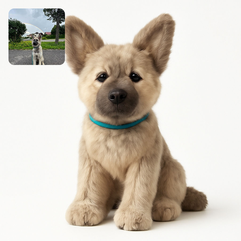 A fluffy young dog sits patiently on a paved road with a colorful rainbow arching beautifully in the cloudy sky behind it, framed by lush greenery and charming houses.
