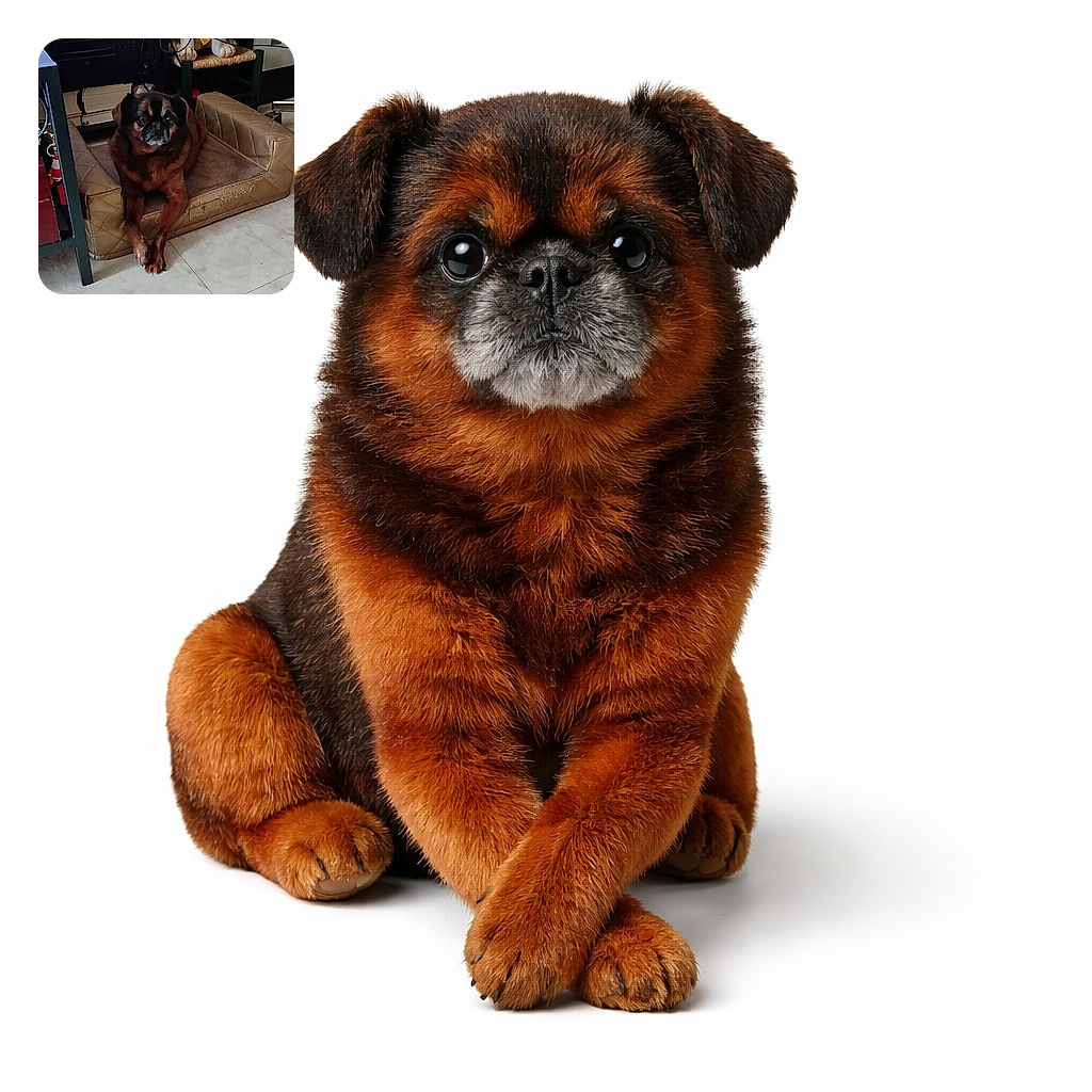A brown dog lounges comfortably on a well-used dog bed, with a curious expression. Behind it, a large dog statue holds a bone and a wooden sign reading 'THEA.' A TV screen shows a close-up of a person's face in the background, adding an interesting contrast to the cozy scene.