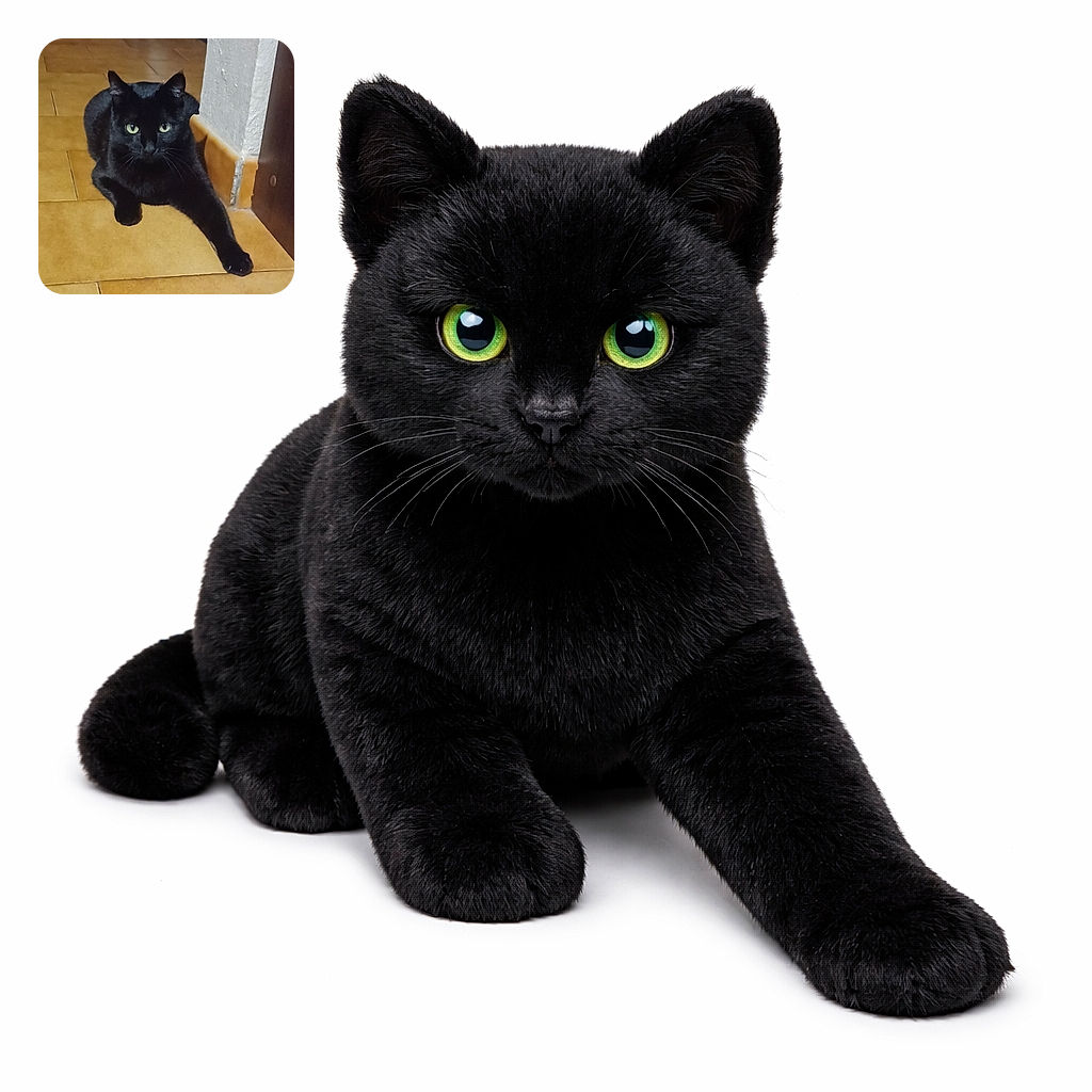 A sleek black cat lounges in the hallway like a tiny panther — glowing green eyes locked on the camera, whiskers flared, and one dramatic paw stretched out as if summoning treats or attention.