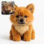 A close-up photo of a fluffy dog resting its head on a cozy bed, with soulful eyes looking directly at the camera, capturing a moment of pure relaxation and cuteness.