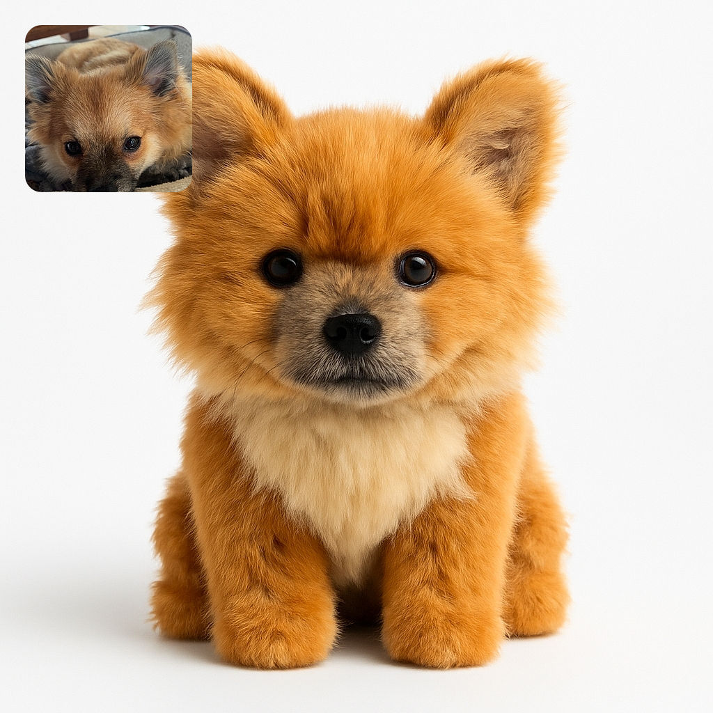 A close-up photo of a fluffy dog resting its head on a cozy bed, with soulful eyes looking directly at the camera, capturing a moment of pure relaxation and cuteness.