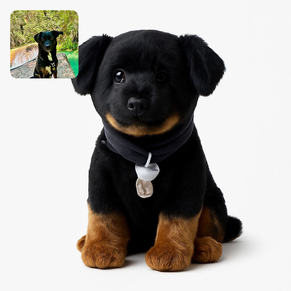 A charming black dog with a white chest patch sits attentively on a rocky ledge beside a vibrant turquoise stream surrounded by lush green foliage, looking ready for an outdoor adventure.