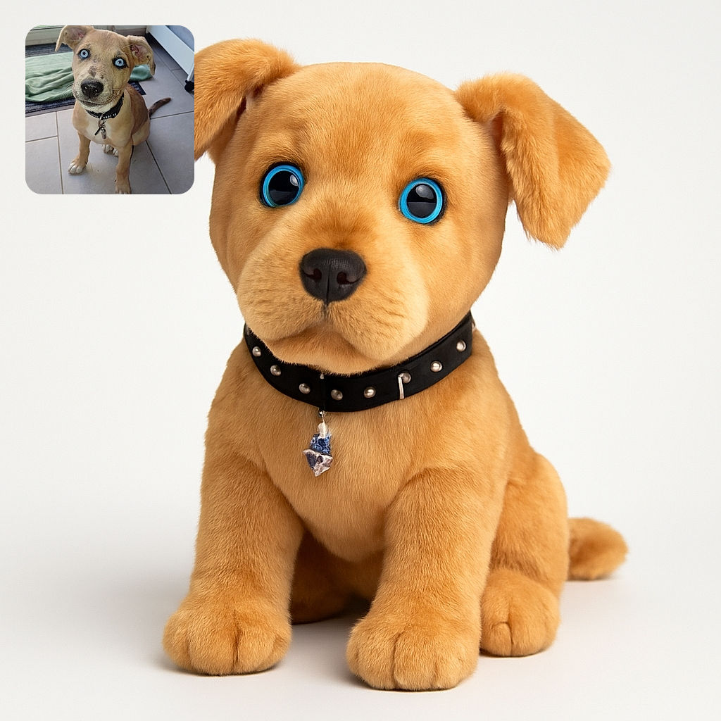 A charming puppy with striking blue eyes sits attentively on a tiled floor, wearing a black collar with tags. Behind it, a green cloth and a glass door add a cozy indoor background to this adorable moment.
