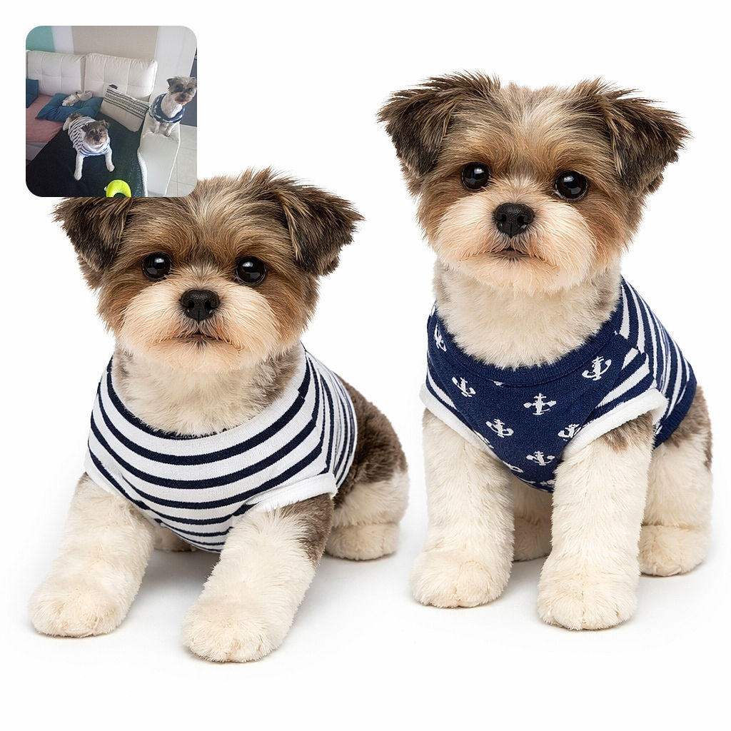 Two adorable small dogs wearing cozy sweaters chill on and beside a white couch surrounded by cushions and a few toys, looking like they're ready for a casual indoor hangout or a photoshoot for doggy fashion.