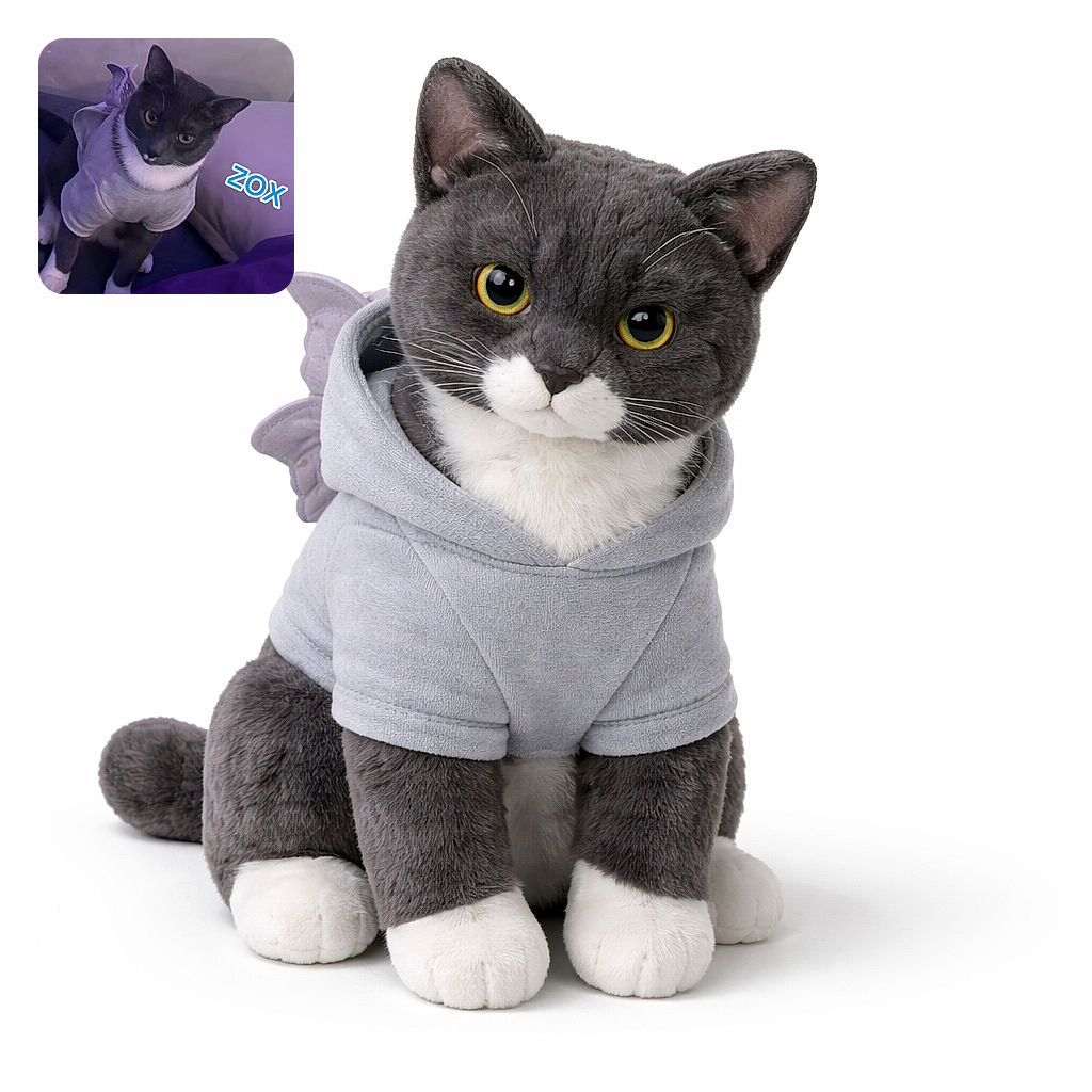 A sassy tuxedo cat in a tiny shirt stares up like it demands treats and salary. The feline is perched on a bed/pillow setup under soft purple lighting, wearing a little fabric accessory on its back while a bright sticker reading 'zox' labels the scene. Whiskers, big curious eyes, and white paws pop against the dark fur — equal parts disgruntled model and regal floof.