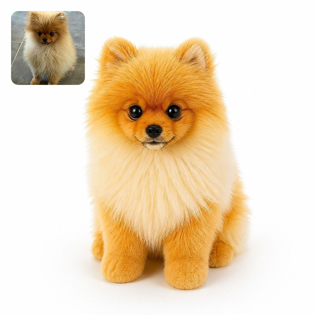 A tiny fluffy Pomeranian sits proudly on the tiled floor, looking like a pocket-sized cloud that has just been promoted to head of household. Its giant curious eyes and extravagant mane make it appear ready for a very serious meeting about snacks.