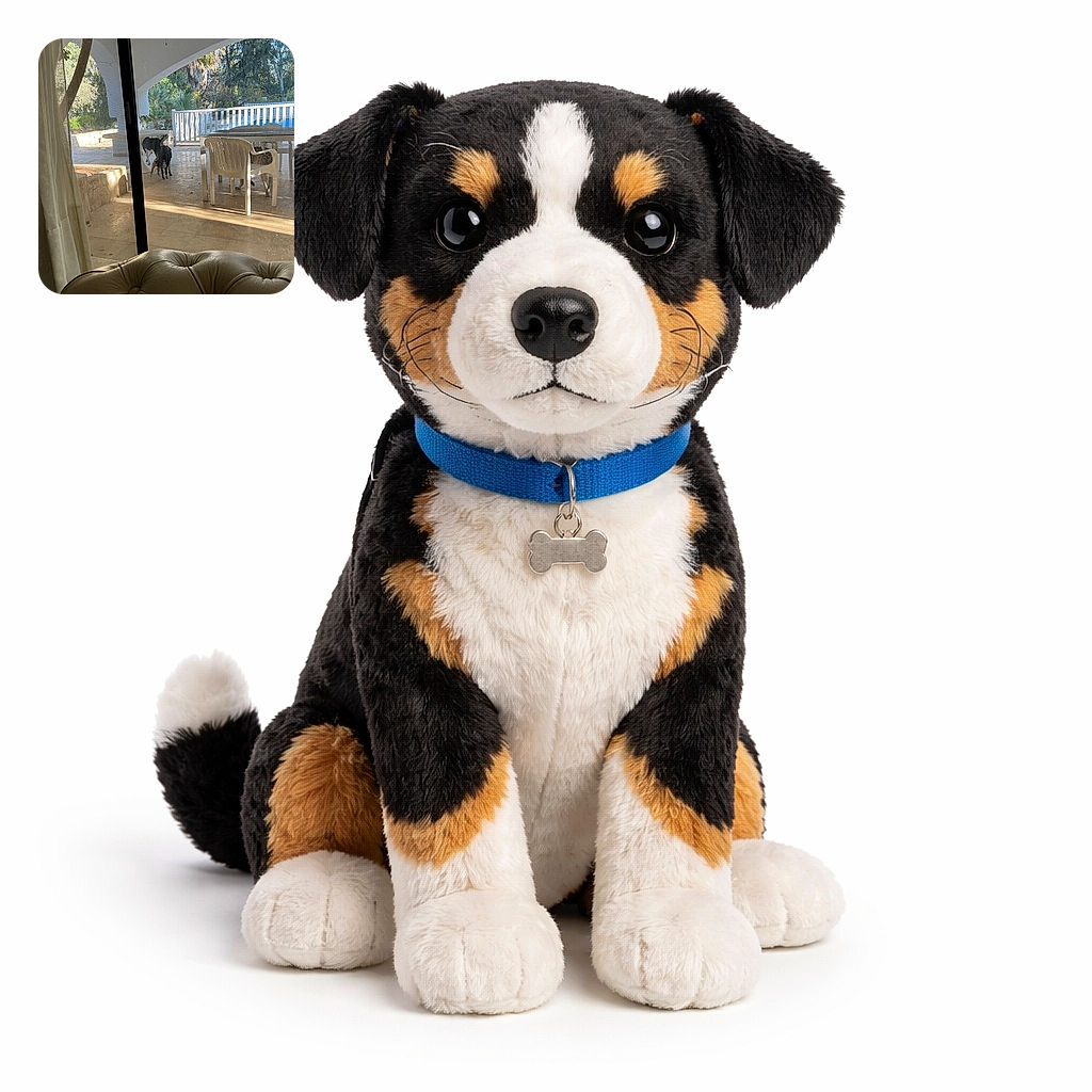 Two curious dogs investigate the sunny patio under a table, viewed through a slightly smudged sliding glass door. Foreground shows a tufted leather ottoman and curtains, while white plastic chairs, a railing and a hint of a pool sit in the sunlit background — the dogs look like they're plotting a snack heist and the glass is keeping them on the right side of the law.