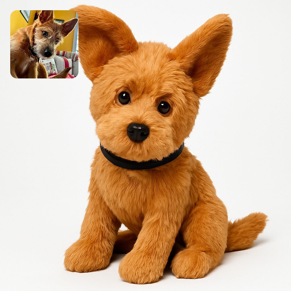 A curious scruffy dog with big ears and expressive eyes tilts its head adorably while sitting on a cozy red blanket in a warmly colored room filled with homey decor and soft natural light.