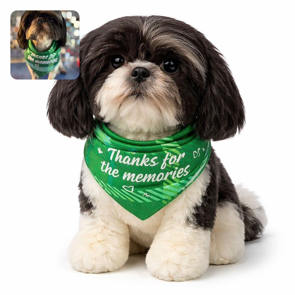 A close-up shot of a small dog with a stylish haircut and a green bandana, looking directly at the camera with a curious expression. The background is softly blurred, highlighting the dog's face and giving a warm, cozy vibe.