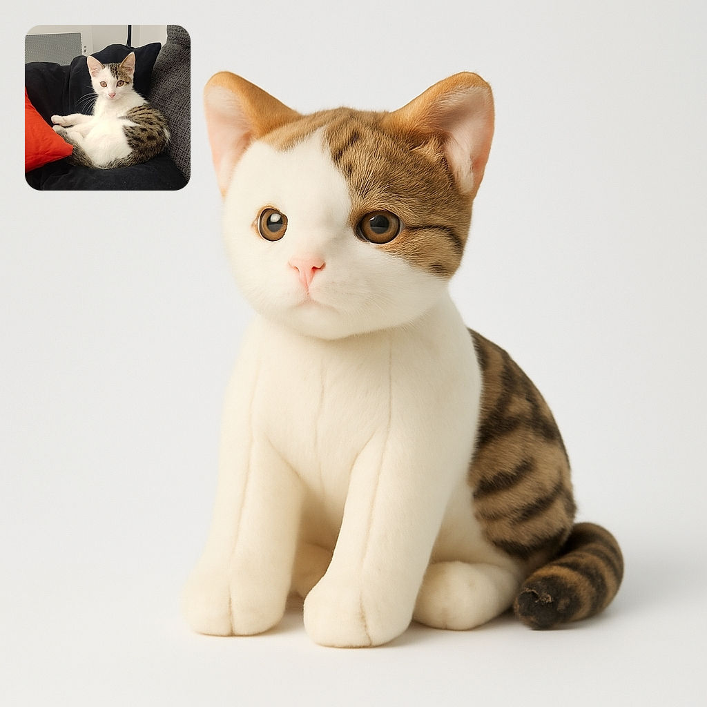 A curious kitten with white and tabby fur is comfortably curled up on a black cushion, with an orange pillow adding a pop of color to the cozy indoor setting. The kitten's wide eyes and alert ears make it look like it's ready to pounce or pose for a portrait.