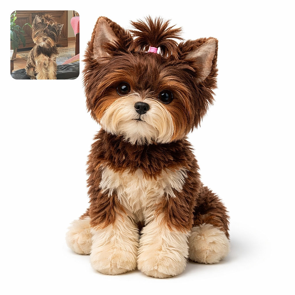 A fluffy little dog with a tiny ponytail sits perched on a leather couch, looking curiously at the camera with a cozy home background featuring wooden furniture, a plant, and a patterned rug.