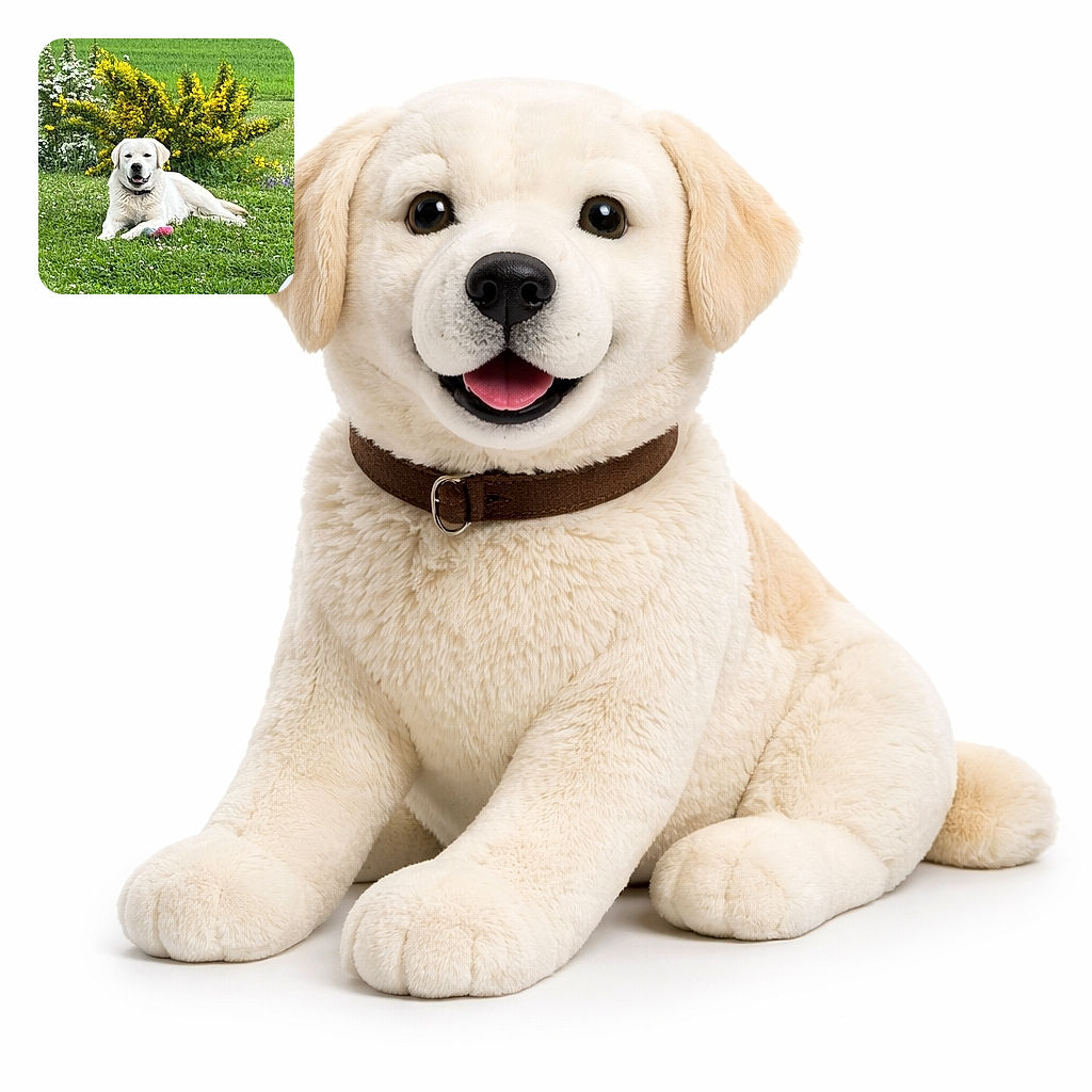 A cheerful white Labrador lounges like a backyard monarch on a bed of clover, toy at paw and a crown of yellow blossoms behind — the ultimate garden chill session.