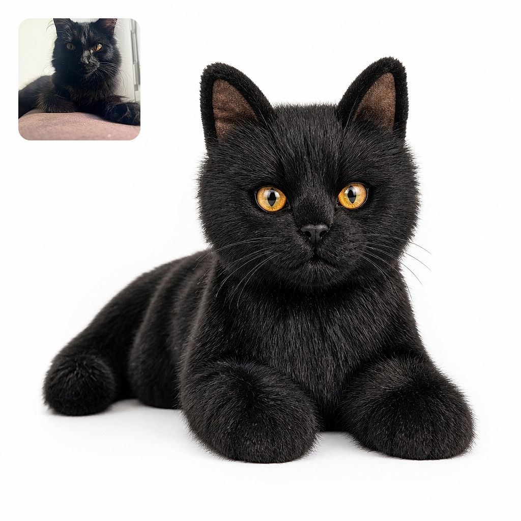 A majestic black cat lounges like a tiny velvet panther, staring intensely into the camera while its golden eyes and enormous ears conduct a very serious household inspection. Soft window light gives the portrait a cozy, dramatic glow.