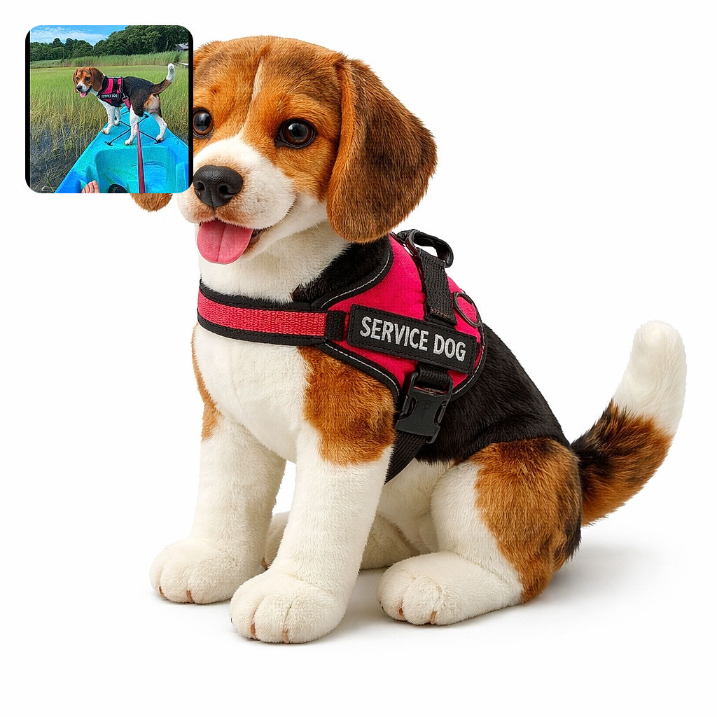 A happy beagle wearing a red service dog harness stands proudly on the front of a blue kayak in a marshy area with tall grass and trees in the background. A person's feet are visible inside the kayak, adding a relaxed, adventurous vibe to the scene under a clear blue sky.