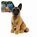 A serious-looking shepherd dog sits proudly beside a sparkling river, posing like the official ranger of the wilderness while leafy trees provide a grand green backdrop. A bold white name-and-time overlay gives the portrait a social-media-story feel.