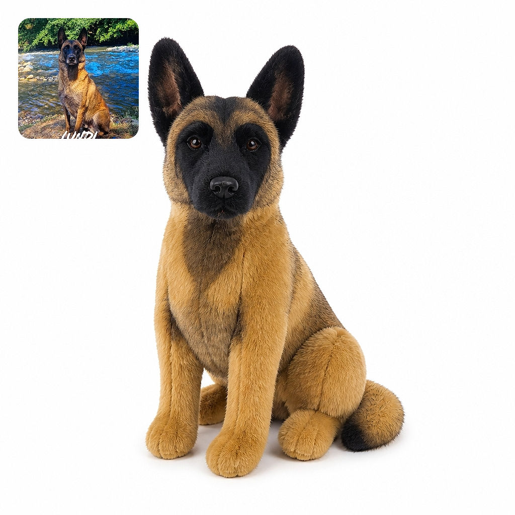 A serious-looking shepherd dog sits proudly beside a sparkling river, posing like the official ranger of the wilderness while leafy trees provide a grand green backdrop. A bold white name-and-time overlay gives the portrait a social-media-story feel.