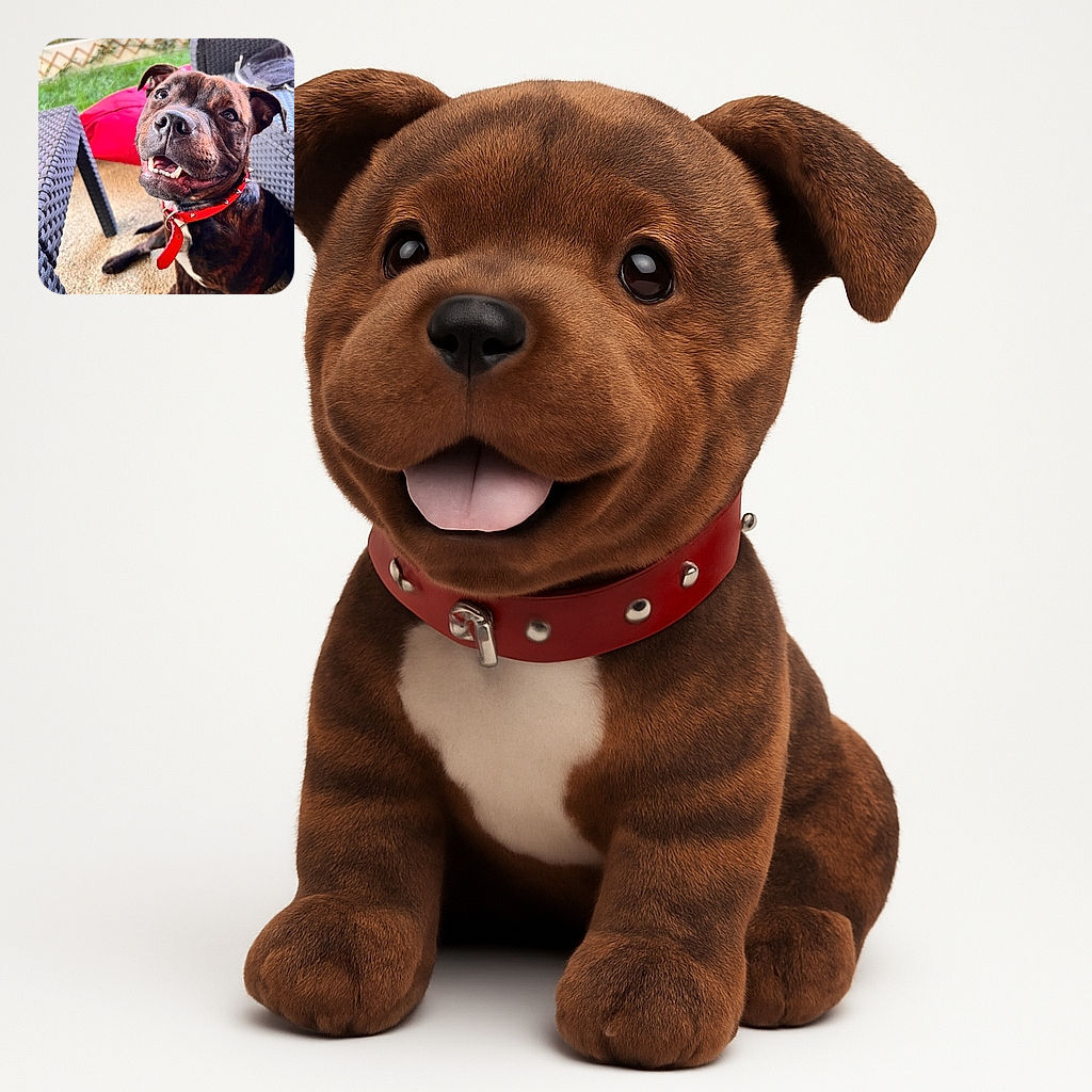 A happy dog with a shiny red spiked collar grins up at the camera while lounging on a patio surrounded by woven outdoor furniture and a bright red cushion in the background.