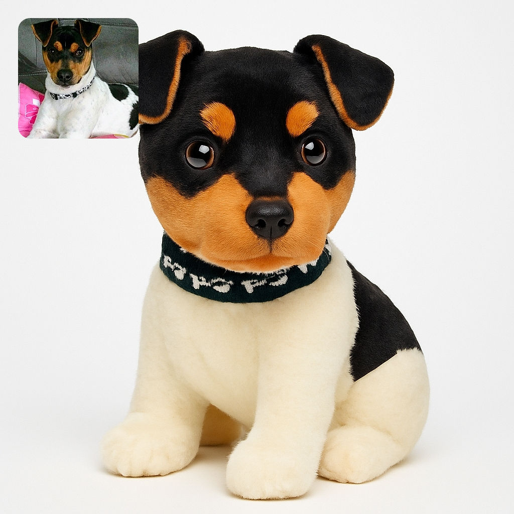 A charming dog with a black, brown, and white coat lounges comfortably on a couch, resting against a pink pillow with a floral design. The dog wears a black and white patterned collar and gazes attentively at the camera with soulful eyes, while the background features a gray couch with visible stitching.