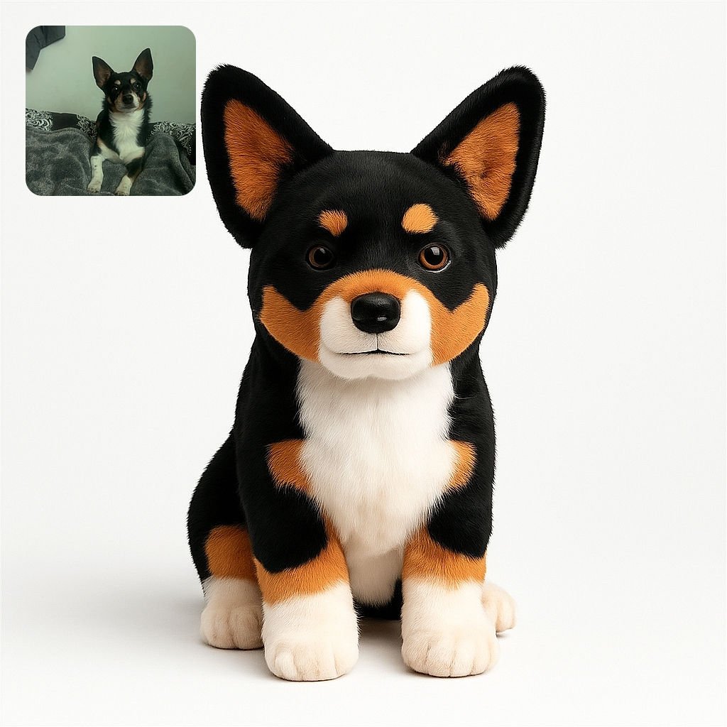 A small dog with big ears sits attentively on a cozy gray blanket, staring curiously at the camera against a plain wall background with a hanging piece of cloth.