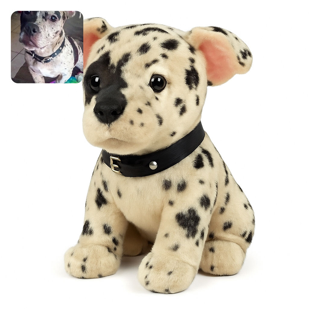 A curious spotted dog with a black collar leans forward on a couch, its expressive eyes looking straight at the camera. The background shows a cozy living room with a colorful rainbow toy adding a splash of brightness.