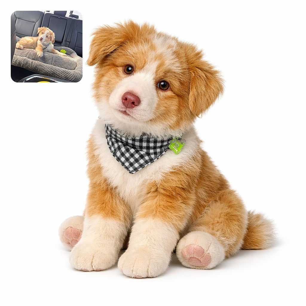 A fluffy cream-and-white puppy lounges like the backseat monarch on a gray pet bed, head cocked and giving the camera soulful eyes while a neon green ball sits ready for court summons — cuteness clearly in charge of this car ride.