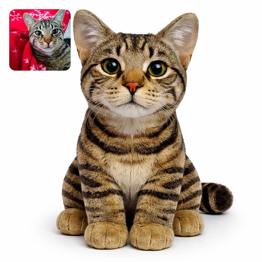 A close-up photo of a curious tabby cat wrapped in a cozy red blanket decorated with white snowflakes, staring intently at the camera with big, shiny eyes.