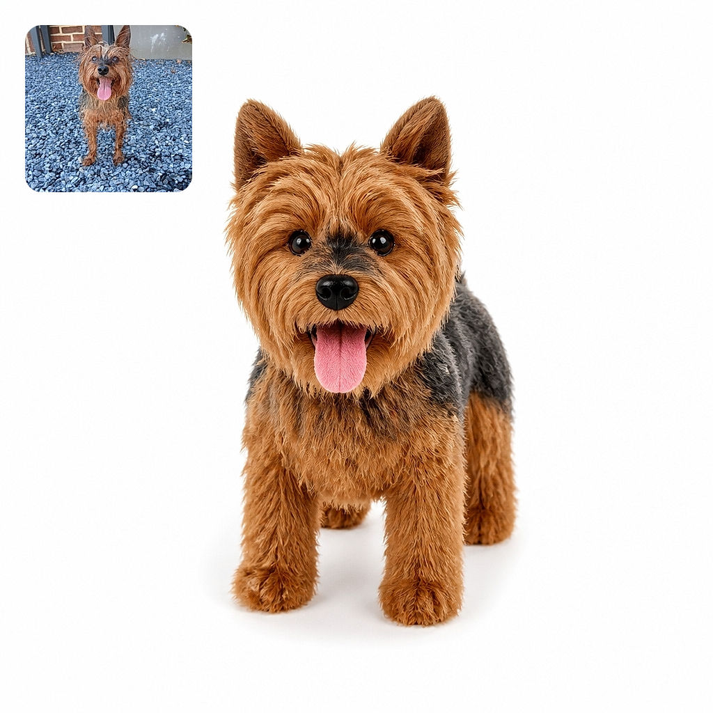 A cheerful scruffy little dog stands proudly on a bed of blue gravel, tongue hanging out like it just won a very serious backyard sprint. Its pointy ears are on high alert while flower boxes and brickwork give the scene a cozy garden backdrop.