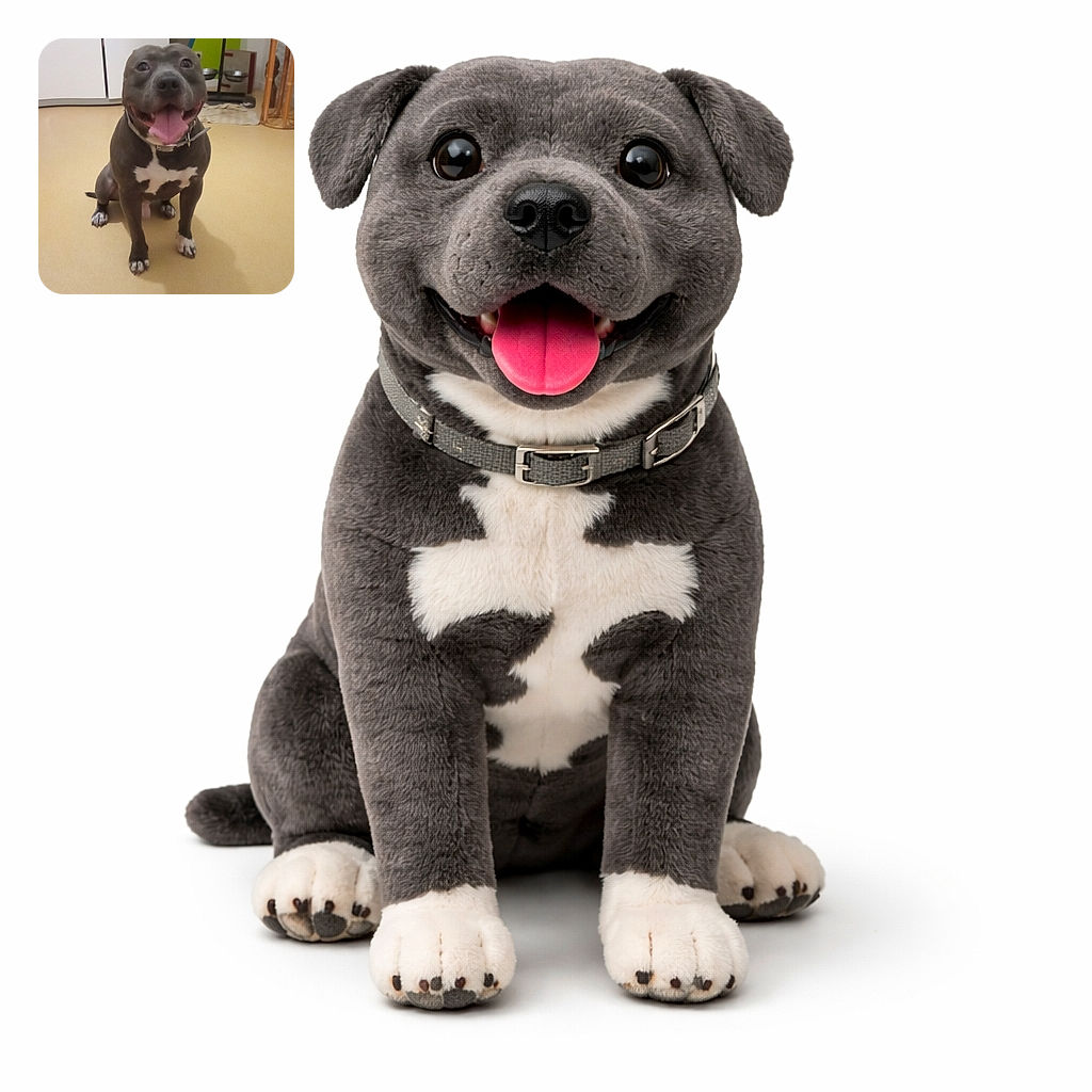 A thrilled pit-bull-style dog sits proudly on a kitchen floor, tongue lolling and smile wide as if it just told a great joke; background shows bowls, a rug and cabinets, lighting is warm and the pose is pure personality.