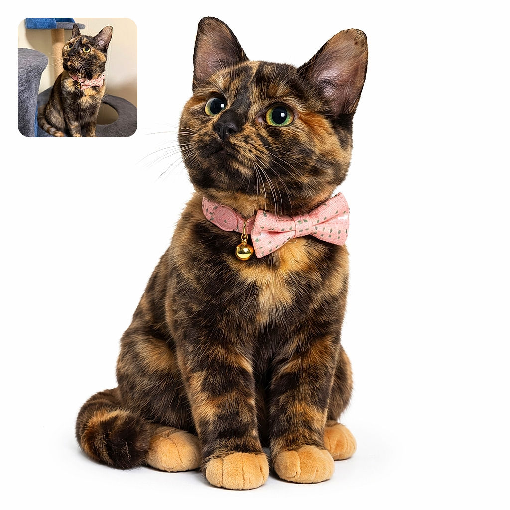 A regal tortoiseshell cat perched on a gray-blue cat tree, wearing a pink patterned collar with a tiny bell and staring upward like it's just spotted a feathered conspiracy — whiskers forward, wide green eyes, and paws neatly planted as if posing for royalty.